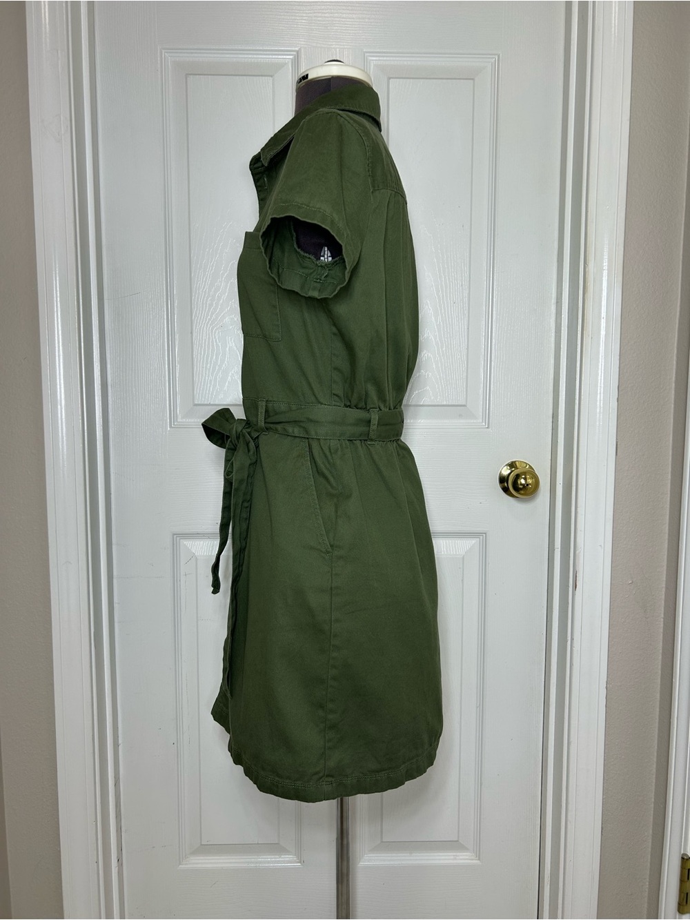 J Crew Cotton Olive Green Utility Shirt Dress Belt Pockets Elastic Back Waist 2 - Picture 4 of 14